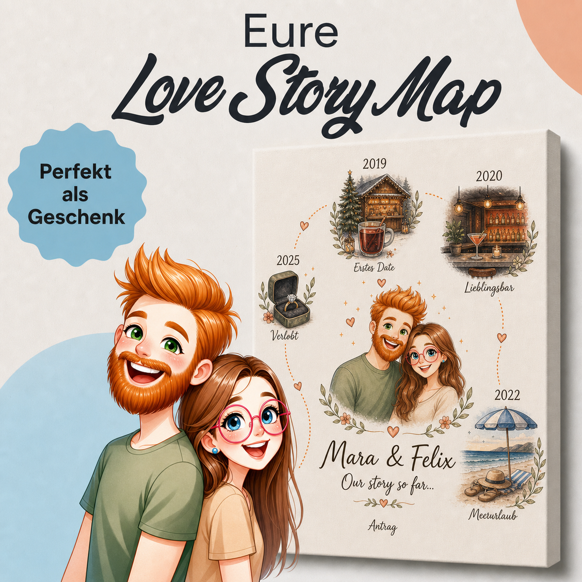 Love Story Map Canvas mit passendem Paar-Portrait