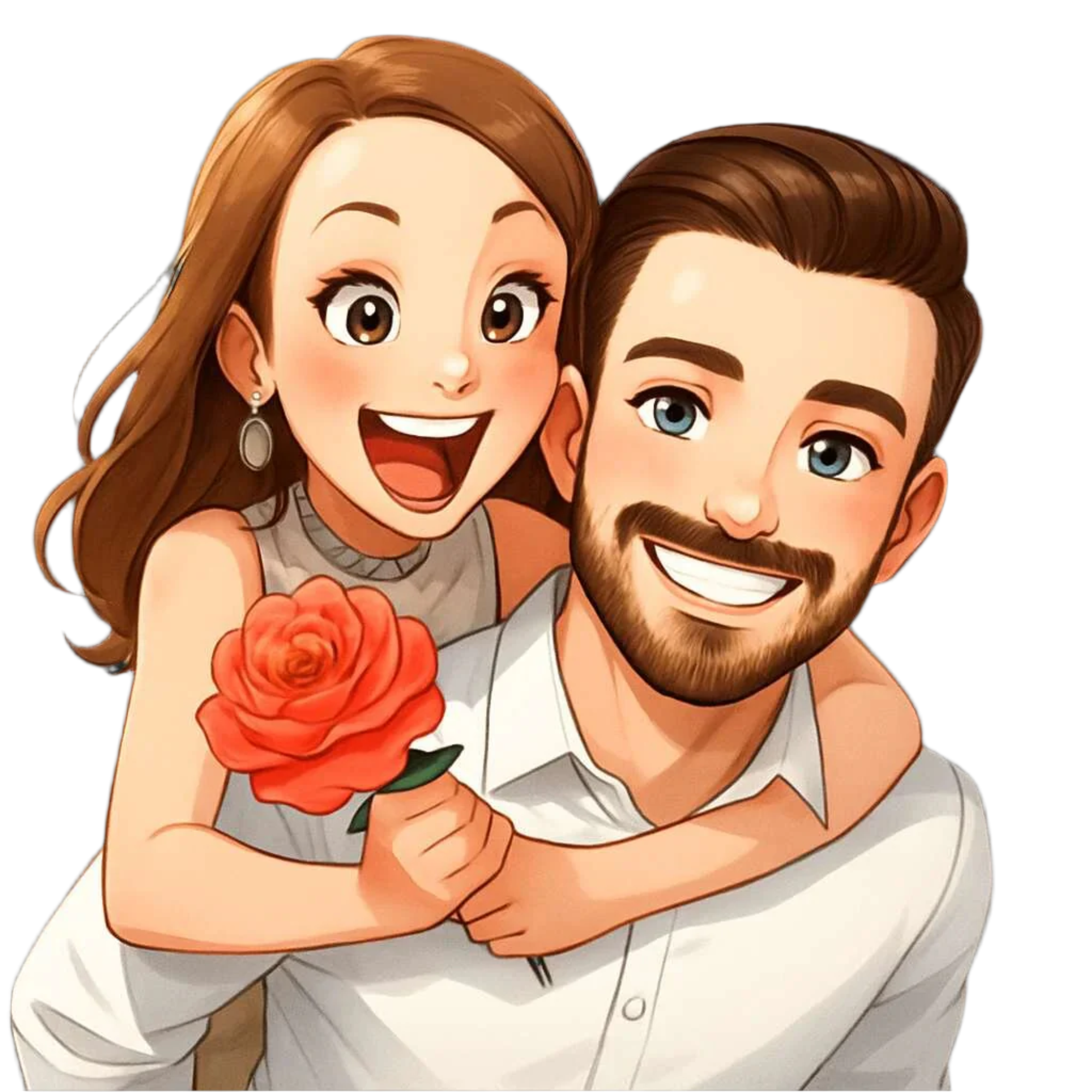 Fröhliches Paar als liebevoll gezeichnete Illustration – sie hält eine Rose, beide lächeln einander zu. Emotionale Darstellung aus einem Foto verwandelt.